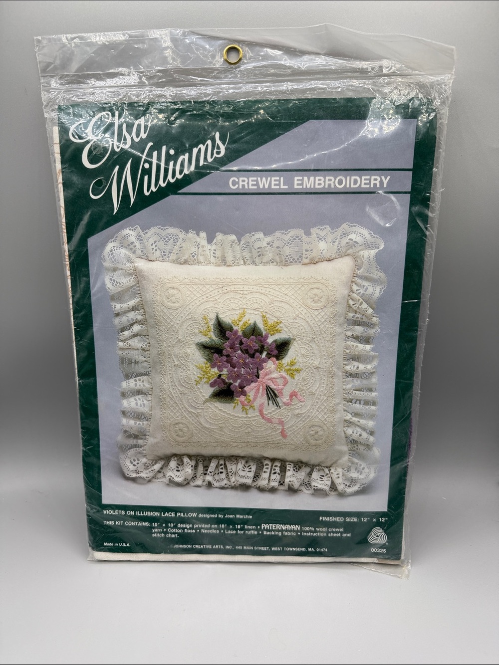 Elsa Williams Crewel Embroidery Violets on Illusion Lace Pillow 12 x 12 Kit NOS